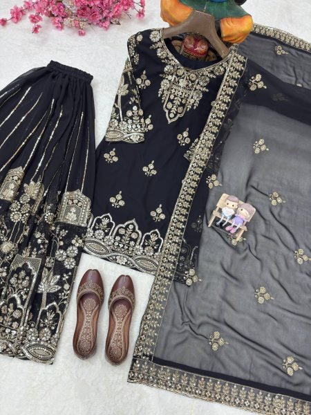 Traditional Black Faux Georgette Zari and Sequins Work Suit Set for Eid and Ramadan Ready To Wear Collection