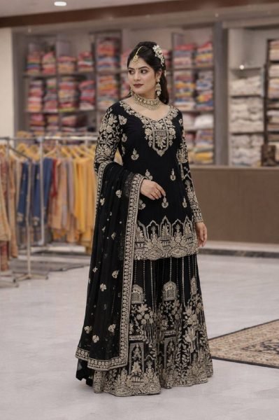Traditional Black Faux Georgette Zari and Sequins Work Suit Set for Eid and Ramadan Ready To Wear Collection