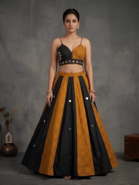 Traditional Black Mustard Ajrakh Cotton Lehenga Choli with Heavy Mirror Work Blouse 
