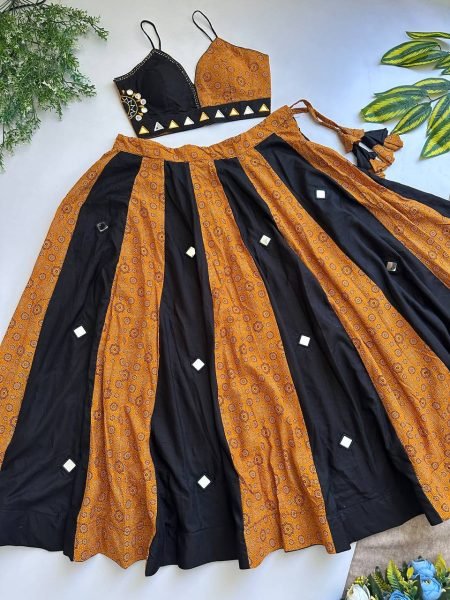Traditional Black Mustard Ajrakh Cotton Lehenga Choli with Heavy Mirror Work Blouse Navratri Lehnega Choli