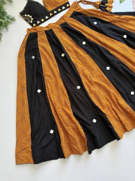 Traditional Black Mustard Ajrakh Cotton Lehenga Choli with Heavy Mirror Work Blouse Navratri Lehnega Choli