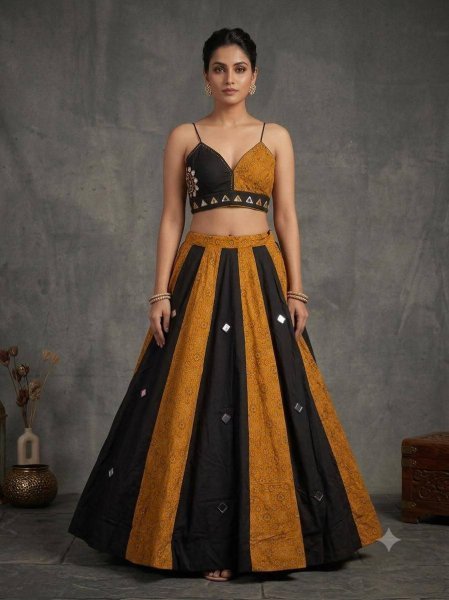 Traditional Black Mustard Ajrakh Cotton Lehenga Choli with Heavy Mirror Work Blouse Navratri Lehnega Choli