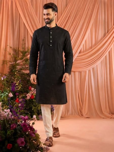 Traditional Black Wedding Wear Linen Cotton Kurta Pajama for Men Kurta Pajama Wholesale