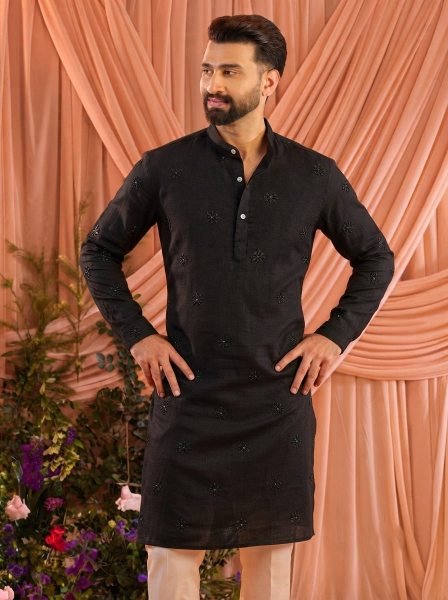 Traditional Black Wedding Wear Linen Cotton Kurta Pajama for Men Kurta Pajama Wholesale