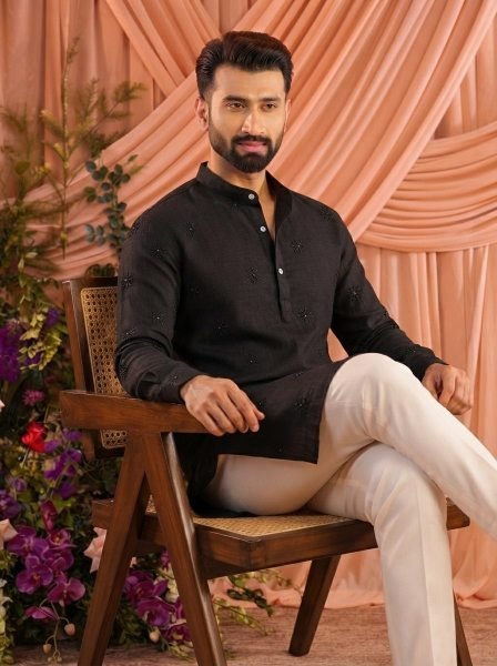 Traditional Black Wedding Wear Linen Cotton Kurta Pajama for Men Kurta Pajama Wholesale