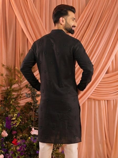 Traditional Black Wedding Wear Linen Cotton Kurta Pajama for Men Kurta Pajama Wholesale
