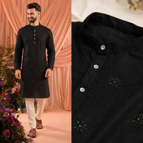 Traditional Black Wedding Wear Linen Cotton Kurta Pajama for Men Kurta Pajama Wholesale