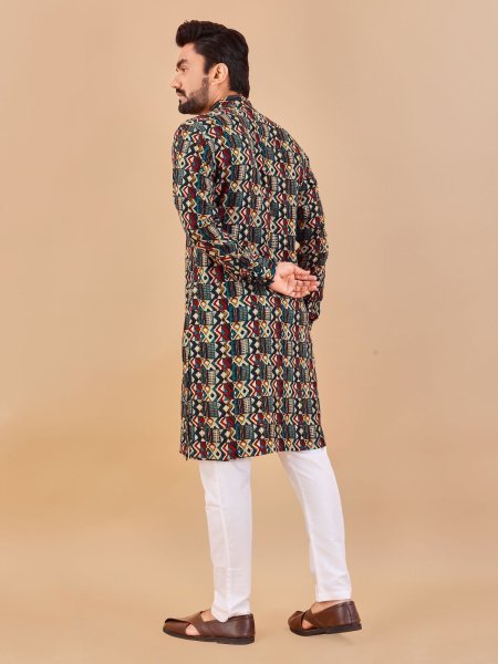 Traditional Bright Multicolour foil print long kurta Kurta Pajama Wholesale