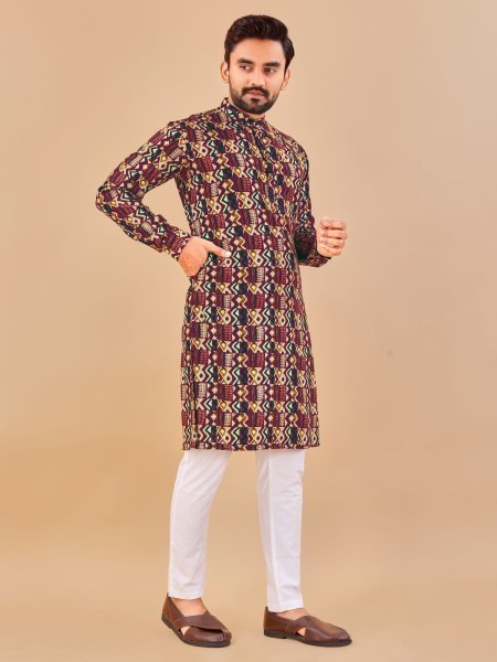 Traditional Bright Multicolour foil print long kurta Kurta Pajama Wholesale