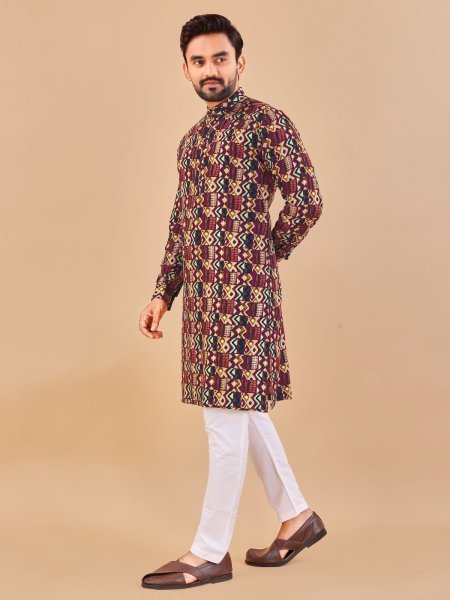 Traditional Bright Multicolour foil print long kurta Kurta Pajama Wholesale