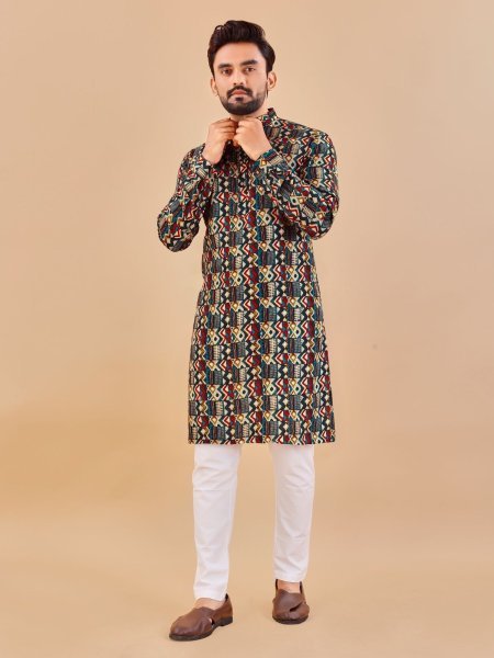 Traditional Bright Multicolour foil print long kurta Kurta Pajama Wholesale