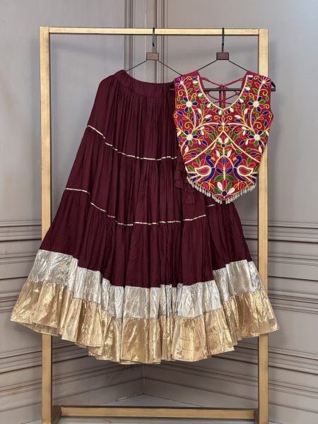 Traditional Brown Kutchi Work Rayon Blouse with Designer Flared Lehenga at Factory Rate  Lehenga