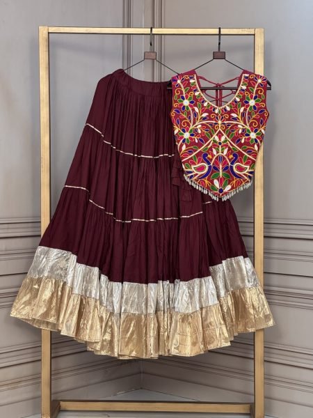 Traditional Brown Kutchi Work Rayon Blouse with Designer Flared Lehenga at Factory Rate Navratri Lehnega Choli