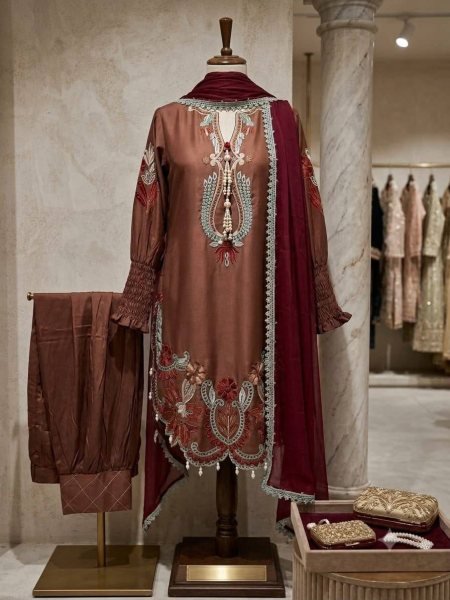 Traditional Brown Patiala Salwar Suit in Gajji Silk with Georgette Dupatta at Wholesale Rate Ready To Wear Collection