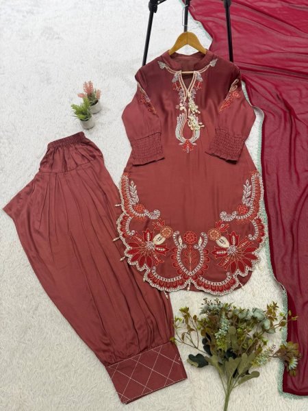 Traditional Brown Patiala Salwar Suit in Gajji Silk with Georgette Dupatta at Wholesale Rate Ready To Wear Collection