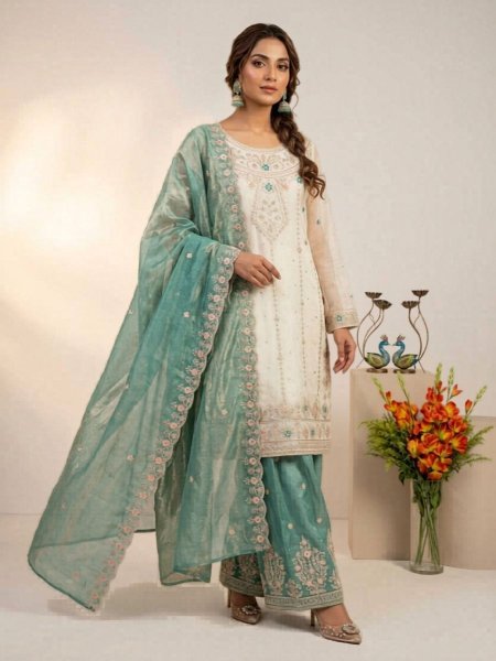 Traditional charm White Heavy Frendy Silk Embroidered Suit Set With Moti Work And beautifully Embroidered Dupatta Ready To Wear Suit