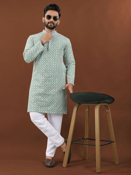 Traditional Chikan Embroidery Kurta Pajama Set for Men Cultural Look Mens Wear