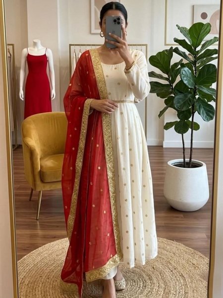 Traditional Chinnon Gown with Decorative Belt and Dupatta Kurtis