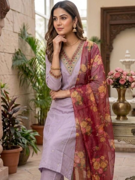 Traditional Cotton Purple Embroidered Silk Suit Set with Organza Dupatta for Ladies Kurtis
