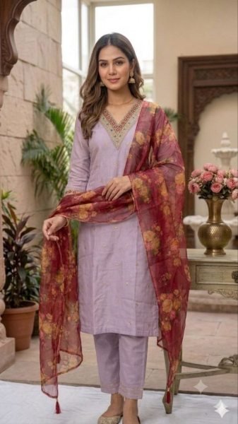 Traditional Cotton Purple Embroidered Silk Suit Set with Organza Dupatta for Ladies Embroidery Kurtis 
