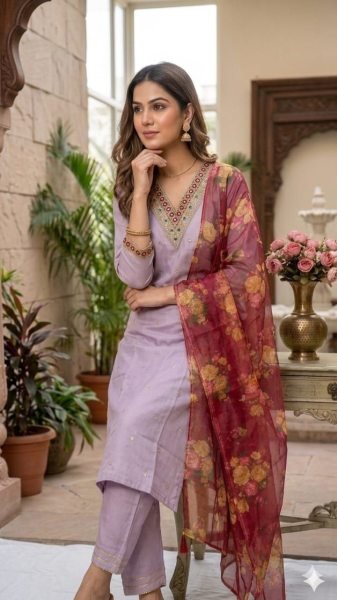 Traditional Cotton Purple Embroidered Silk Suit Set with Organza Dupatta for Ladies Embroidery Kurtis 