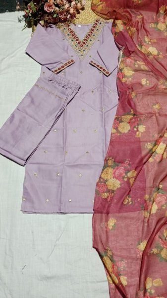 Traditional Cotton Purple Embroidered Silk Suit Set with Organza Dupatta for Ladies Embroidery Kurtis 
