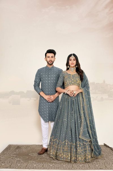 Traditional Couple Combo Embroidered Lehenga Choli and Mens Kurta Set for Festive Wear Couple Combo collection 