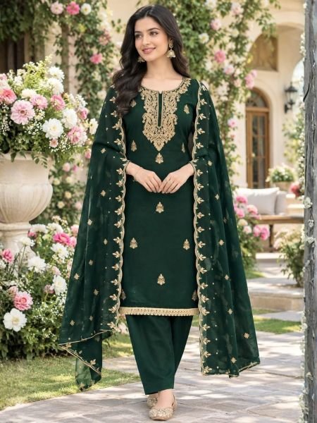 Traditional Dark Green Georgette Multi Work Suit Set with Embroidered Dupatta 