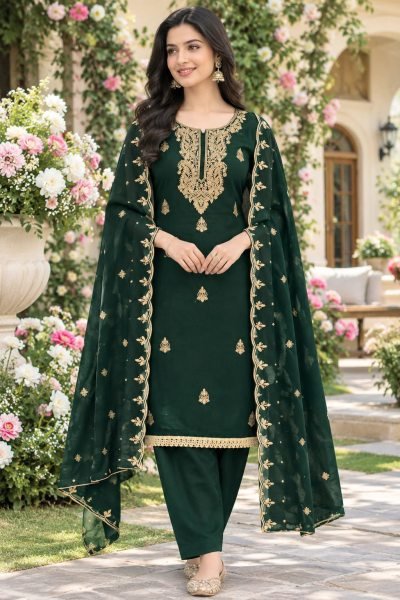 Traditional Dark Green Georgette Multi Work Suit Set with Embroidered Dupatta Color Set Matching Dress Material Wholesale