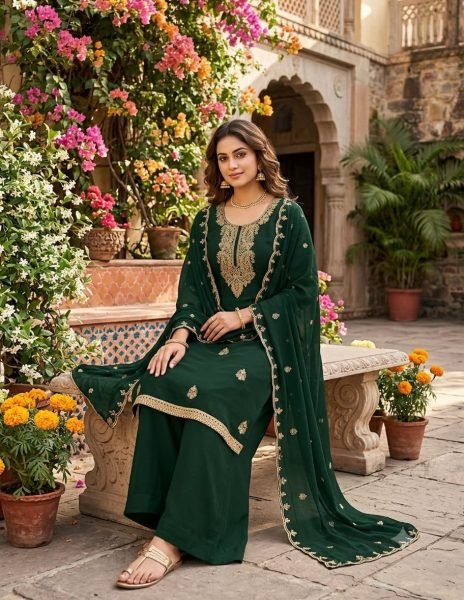 Traditional Dark Green Georgette Multi Work Suit Set with Embroidered Dupatta Color Set Matching Dress Material Wholesale