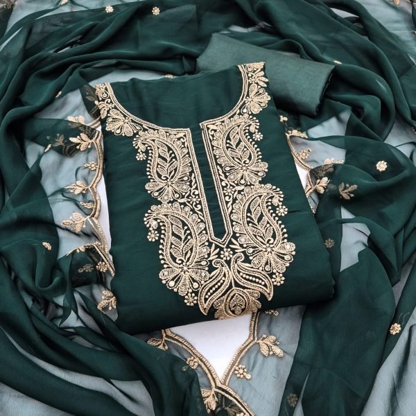 Traditional Dark Green Georgette Multi Work Suit Set with Embroidered Dupatta Color Set Matching Dress Material Wholesale