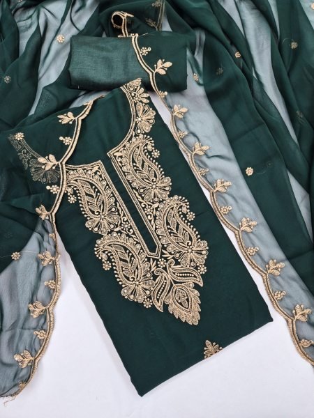 Traditional Dark Green Georgette Multi Work Suit Set with Embroidered Dupatta Color Set Matching Dress Material Wholesale