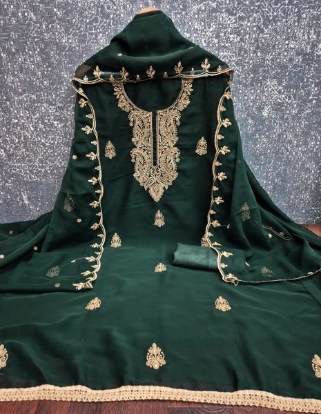 Traditional Dark Green Georgette Multi Work Suit Set with Embroidered Dupatta Color Set Matching Dress Material Wholesale