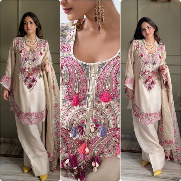 Traditional Farshi Palazzo Set with Rich Thread Embroidery Ready To Wear Collection