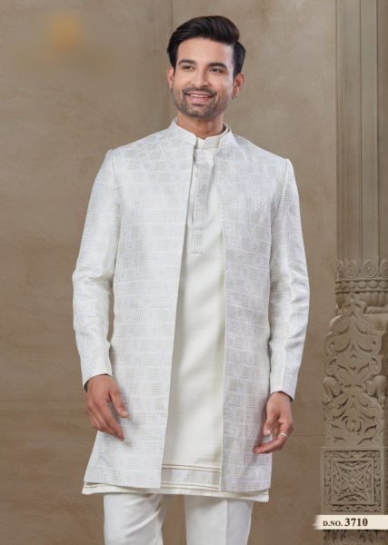 Traditional Festive Wear Jacket Kurta Set for Men Jacquard Malai Silk Fabric with Full Set Kurta Pajama Wholesale