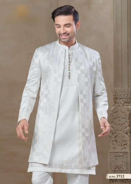 Traditional Festive Wear Jacket Kurta Set for Men Jacquard Malai Silk Fabric with Full Set Kurta Pajama Wholesale