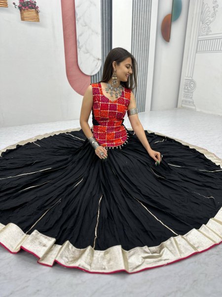 Traditional Black Cotton Lehenga with Heavy Flair   Mirror Work Look Perfect for Garba Nights Navratri Lehnega Choli