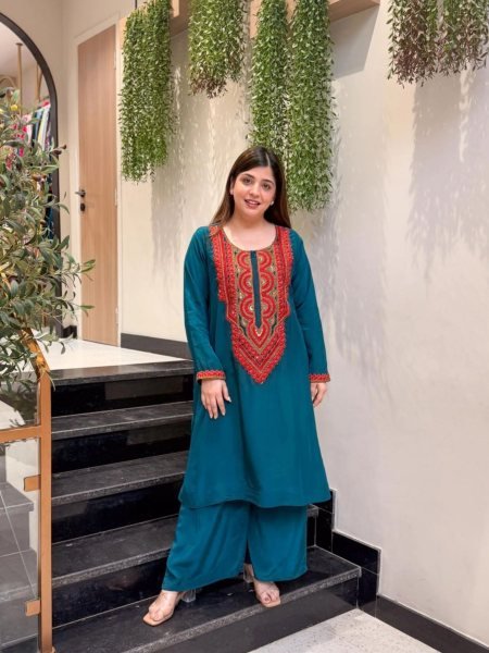 Traditional French Crepe Embroidered lightweight Co Ord Set Perfect for Office Wear Kurtis