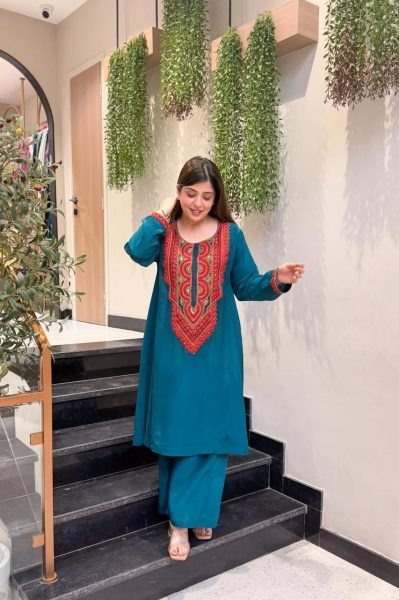 Traditional French Crepe Embroidered lightweight Co Ord Set Perfect for Office Wear Embroidery Kurtis 