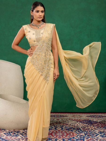Traditional Fusion Cream Drape Saree with Fully Stitched Embroidered Koti Sarees 