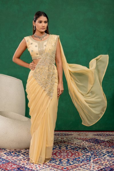 Traditional Fusion Cream Drape Saree with Fully Stitched Embroidered Koti Ready To Wear Saree 