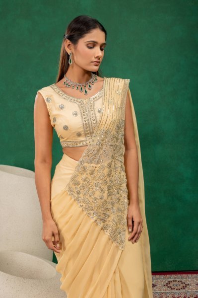 Traditional Fusion Cream Drape Saree with Fully Stitched Embroidered Koti Ready To Wear Saree 