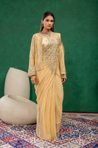 Traditional Fusion Cream Drape Saree with Fully Stitched Embroidered Koti Ready To Wear Saree 