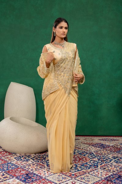 Traditional Fusion Cream Drape Saree with Fully Stitched Embroidered Koti Ready To Wear Saree 