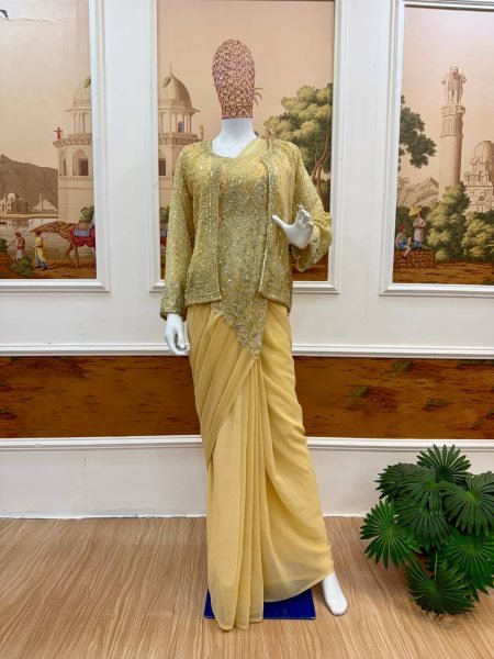 Traditional Fusion Cream Drape Saree with Fully Stitched Embroidered Koti Ready To Wear Saree 