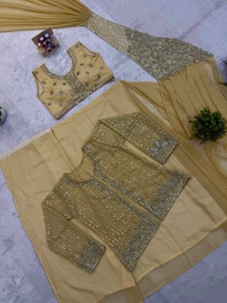 Traditional Fusion Cream Drape Saree with Fully Stitched Embroidered Koti Ready To Wear Saree 