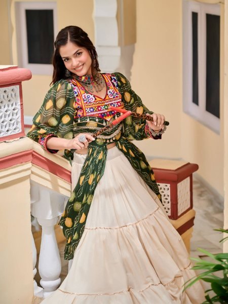 Traditional Gamthi Cotton Lehenga with Green Shrug Dandiya Nights Special  Lehenga
