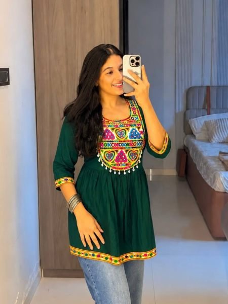 Traditional Green Gamthi Mirror Work Heavy Rayon Short Top for Women Kurtis
