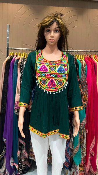 Traditional Green Gamthi Mirror Work Heavy Rayon Short Top for Women Tunics kurti