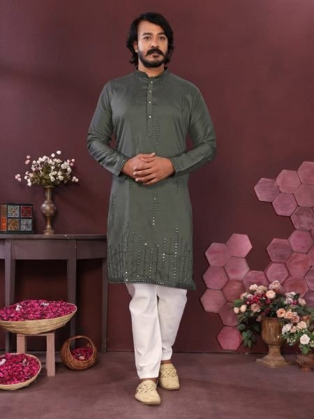Traditional Grey Smart Silk Kurta Pyjama with Mirror Embroidery For Festival Mens Wear